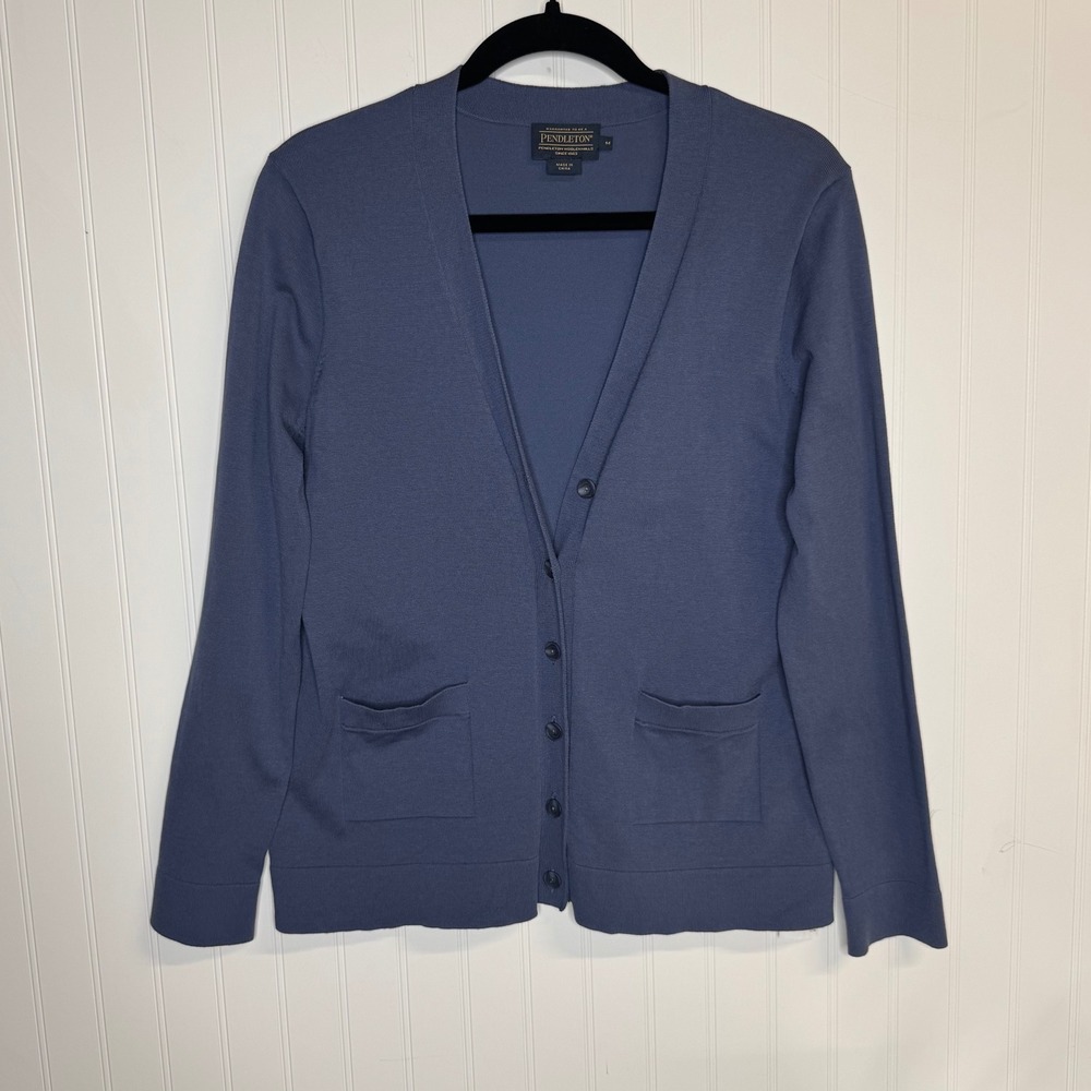 Pendleton Blue Silk Blend V-Neck Button Front Cardigan Women's Medium Sweater